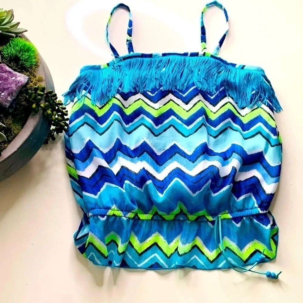 Justice Fringe Chevron tank top ocean blues 12 blue